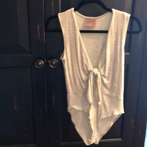 Cream gray tie front ribbed body suit